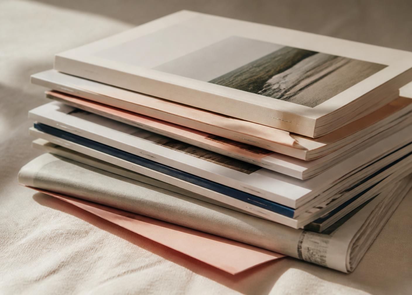A stack of independent print magazines and a folded newspaper on ivory linen