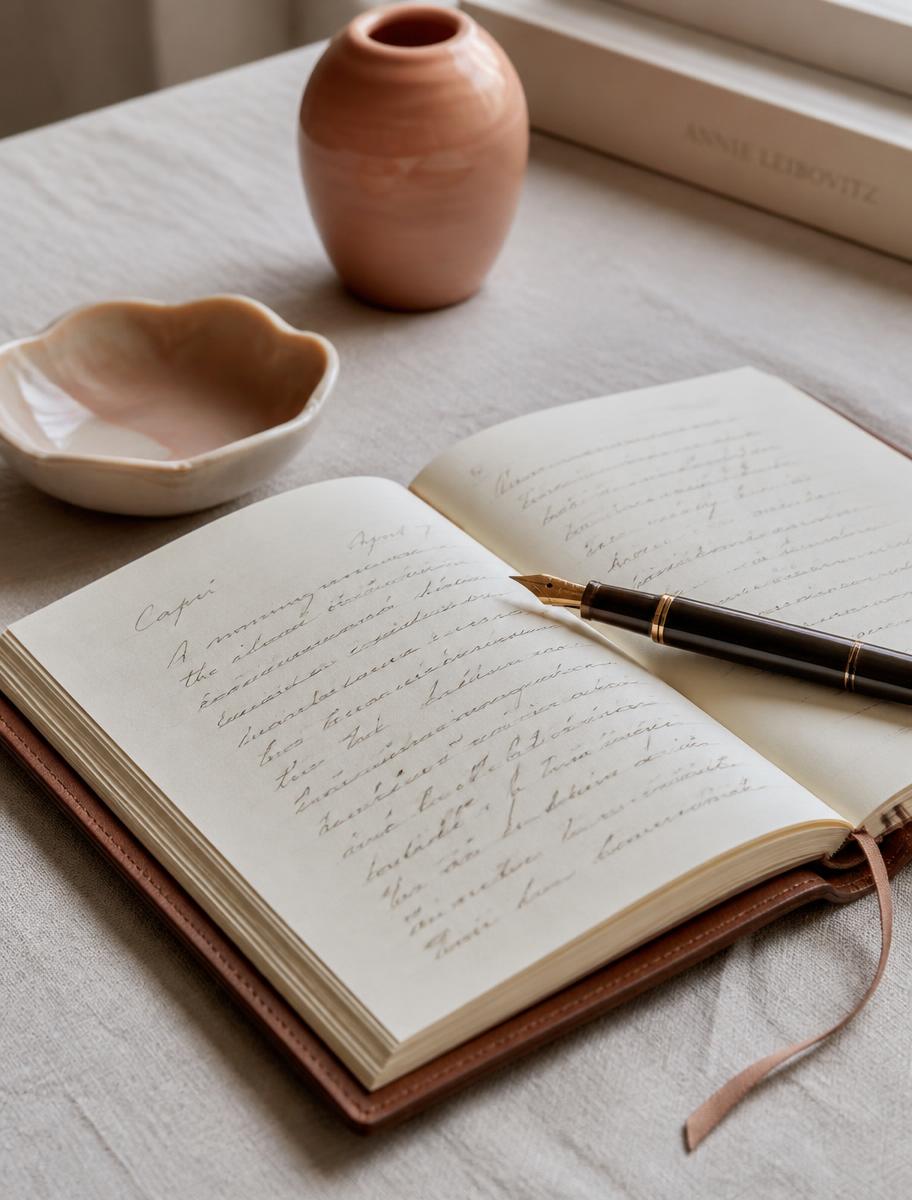 Open leather journal with handwritten notes and a fountain pen on linen