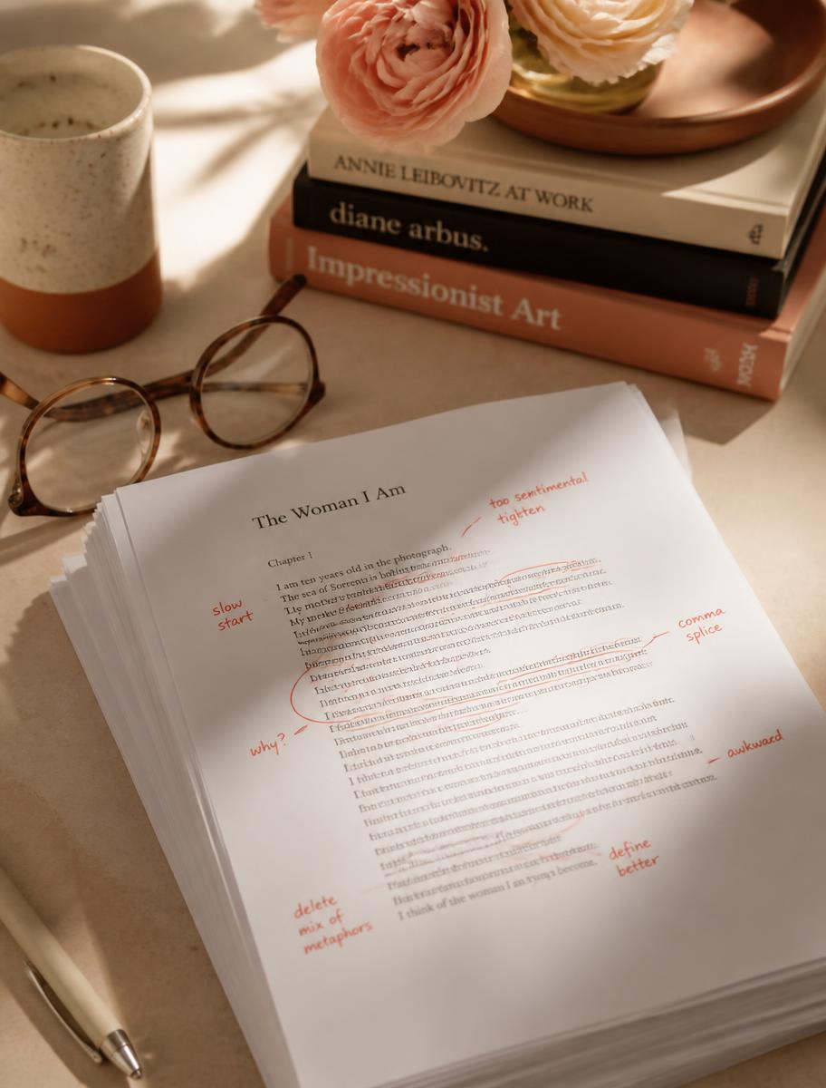 Manuscript pages marked with red editing notes beside reading glasses