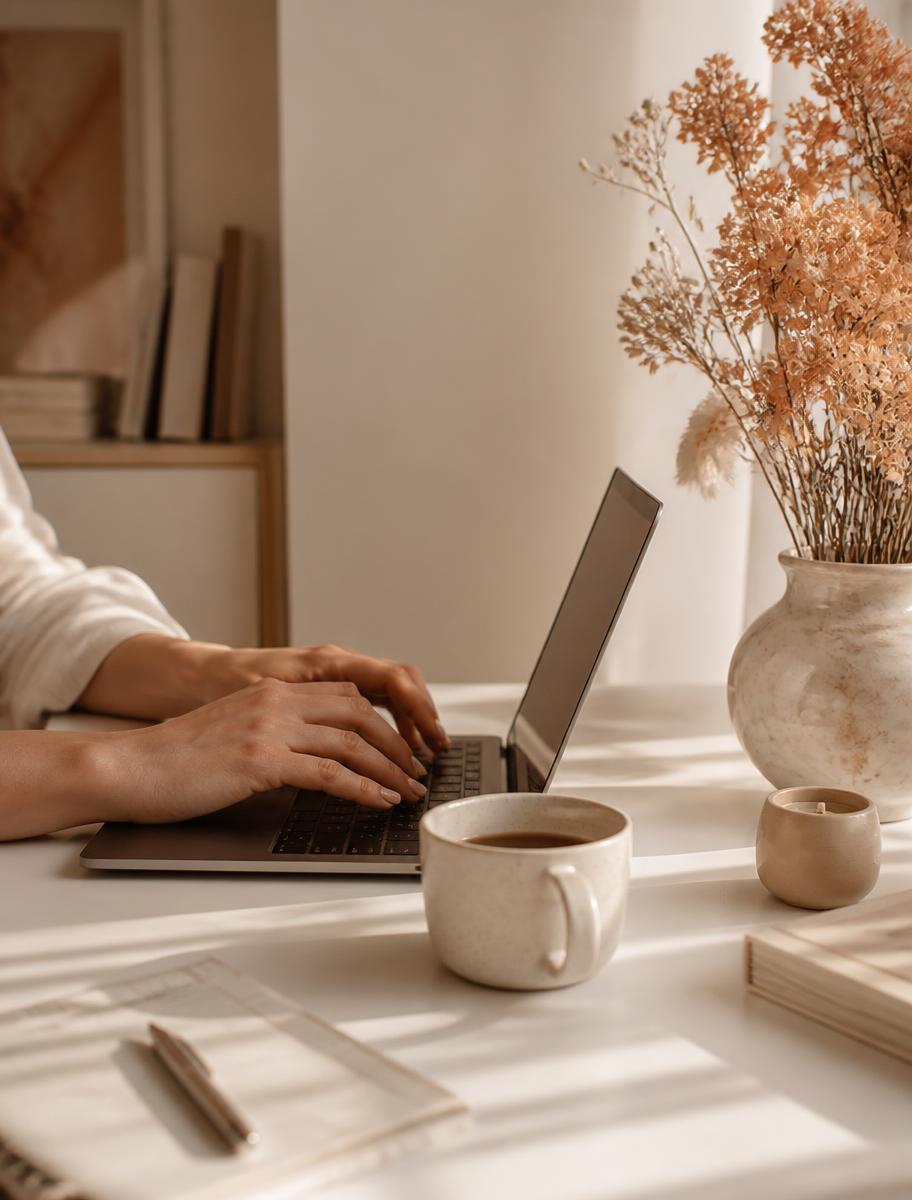 A writer typing at a sunlit ivory desk with coffee and dried flowers